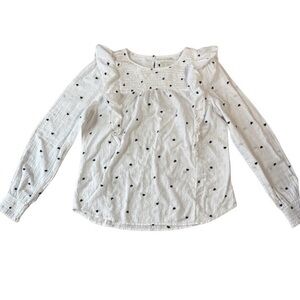 Loft White Top Long Sleeve with Black Heart Embroidered Detail and Ruffle